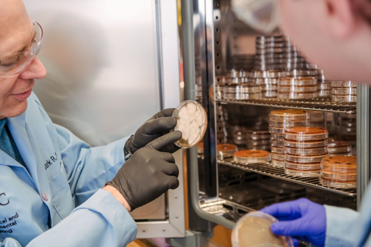 Man in lab coat holds petri dish with mold.