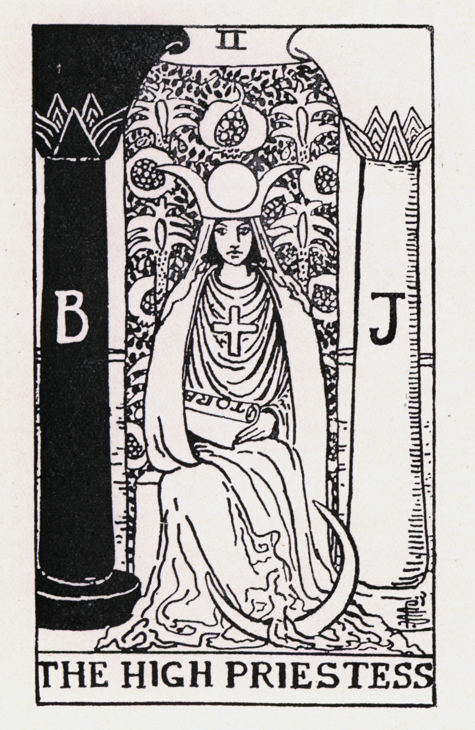 A black and white engraving of a tarot card that says The High Priestess