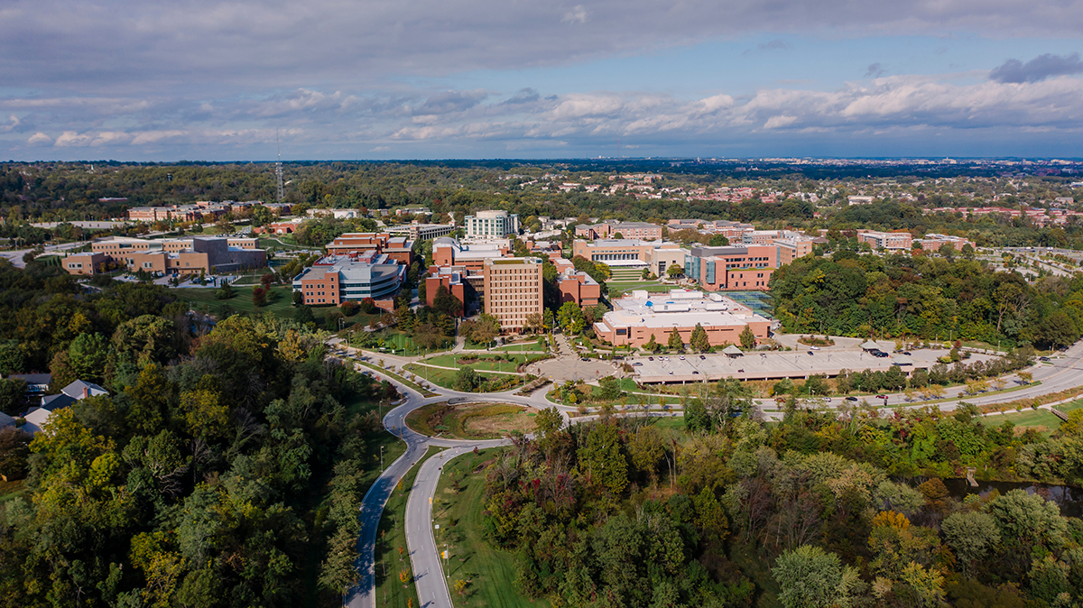 Bird's eye-view of UMBC's campus.