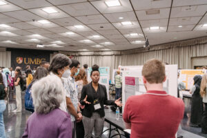 UMBC students presenting their research and creative projects at the 2023 Undergraduate Research and Creative Achievement Day (URCAD). U.S. News listed UMBC as a Best College.