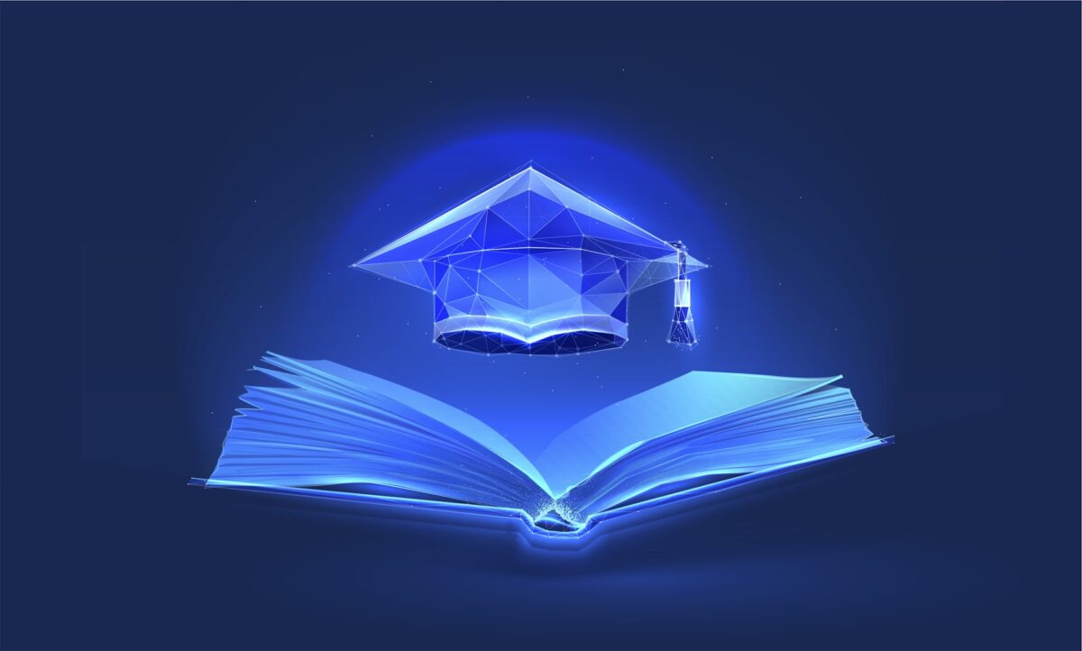 A blue digital image of an open book with a mortar board hovering over it.