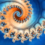 A bright blue and orange-gradient abstract spiraling fractal