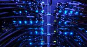 Lights and cables in a computing facility.