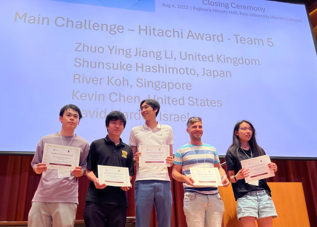 Five students holding paper certificates on stage during the 2023 C2C CTF competition. Students receiving the Hitachi award. 