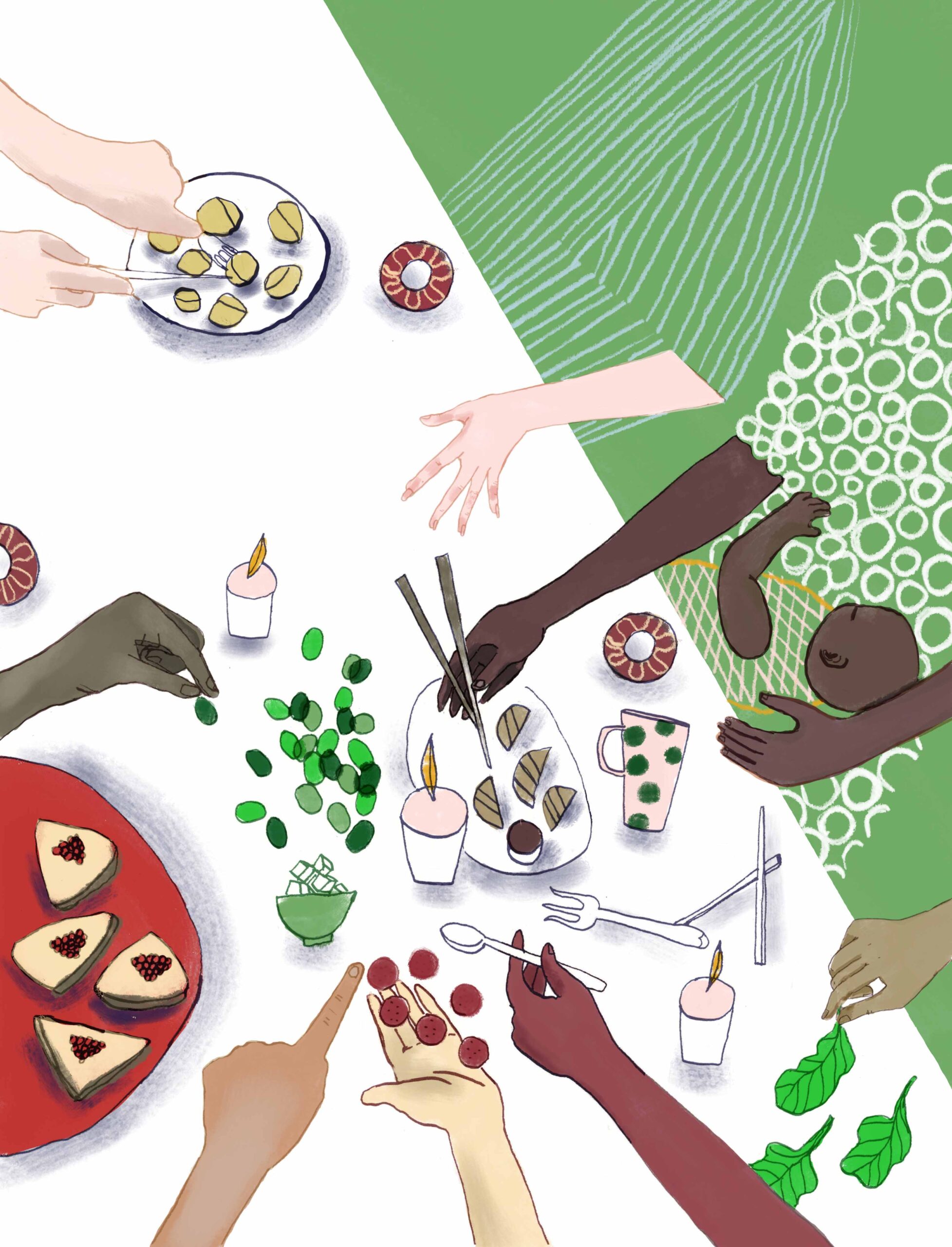 an illustration of different color hands reaching around a table full of food