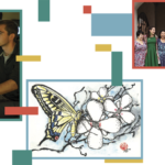 A collage with an illustration of a yellow butterfly with white flowers, and photographs featuring people studying, talking, and celebrating together. Blue, green, yellow, and red shapes decorate the collage.