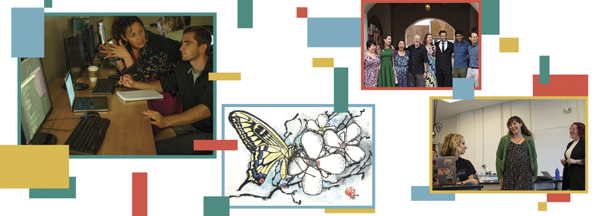 A collage with an illustration of a yellow butterfly with white flowers, and photographs featuring people studying, talking, and celebrating together. Blue, green, yellow, and red shapes decorate the collage.
