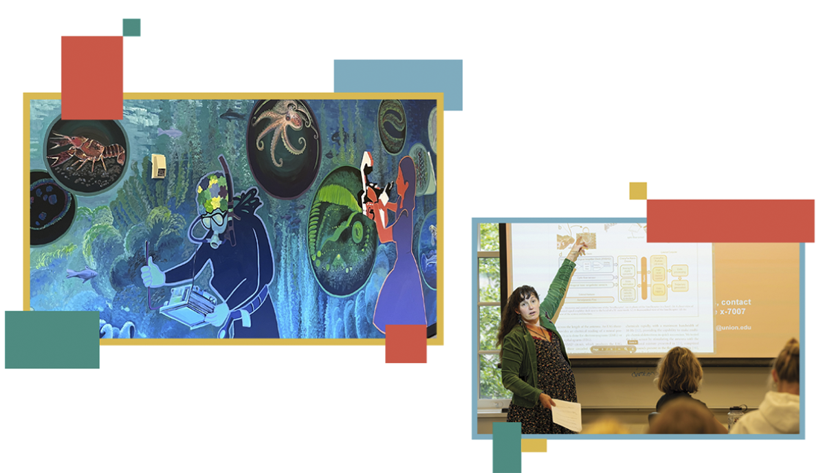 A collage of an underwater illustration and photo of Kate Feller teaching a course.