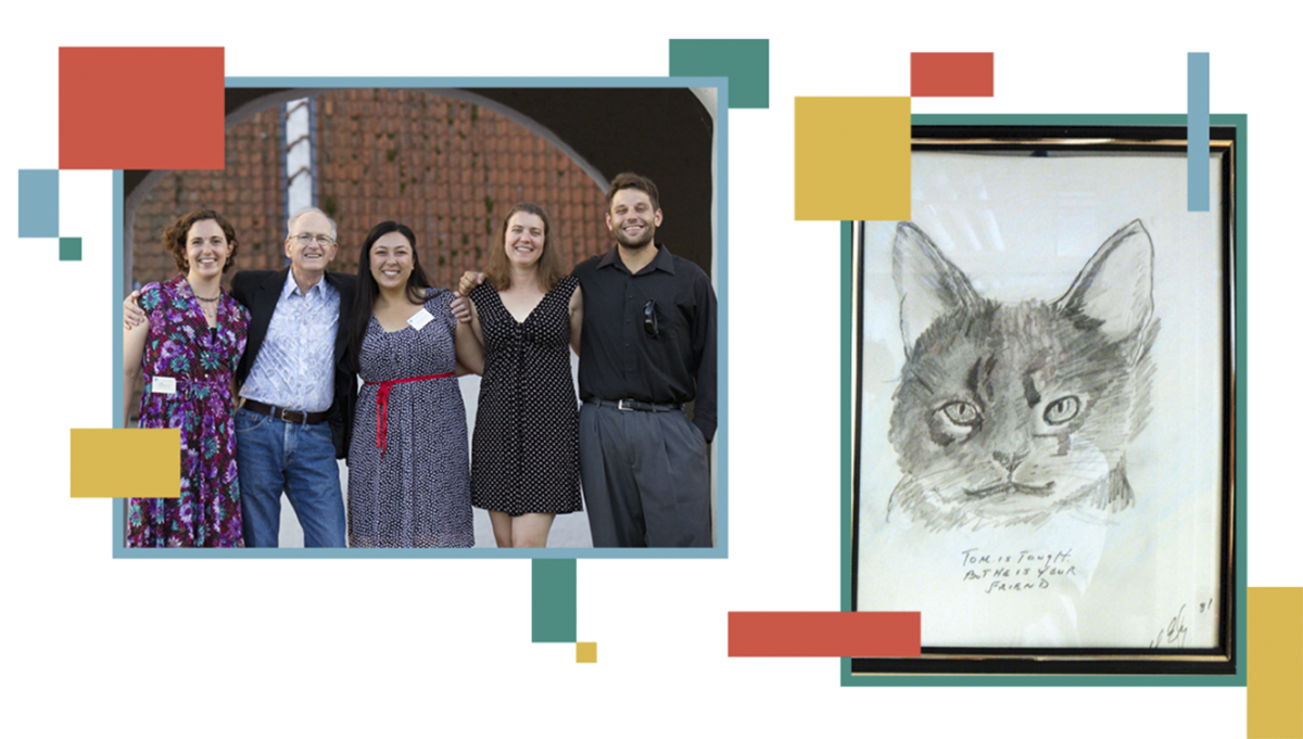 (Left) Current and former members of Tom Cronin's research group have made it a tradition to reunite and take a "family photo." From left to right: Kate Feller, Tom Cronin, Alex Kingston, Megan Porter, and Michael Bok at the 2013 event. (Image courtesy of Tom Cronin) (Right) Feller contributed substantially to decorating Tom Cronin’s lab. One day she came home from a thrift shop with a gift for Cronin: this sketch of a cat, with the inscription, “Tom is tough. But he is your friend.” It was a perfect fit for an advisor who held high expectations along with offering generous support. It still hangs in the Cronin lab today.