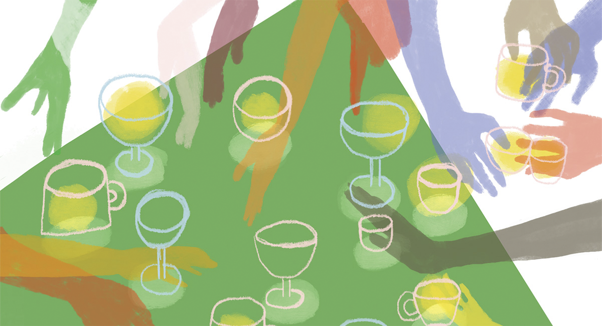 Illustration by Rebecca Bradley, featuring colorful overlapping hands grabbing for wine glasses and mugs over a green picnic blanket.
