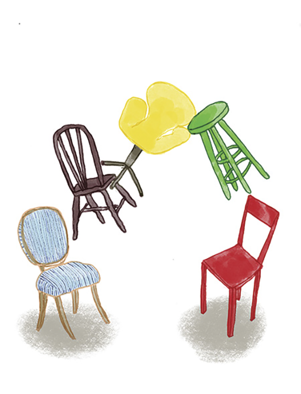 Colorful hand-drawn chairs, floating in a circle.