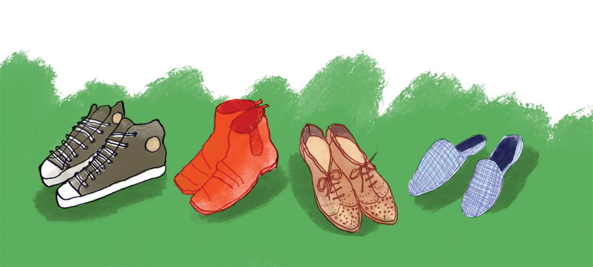 Hand-drawn gray Converse shoes, red ankle boots, brown oxfords, and blue slippers, in a row on a green painterly background.