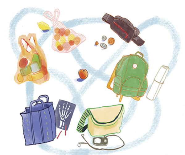Hand-drawn shopping bags full of fruit, a brown fanny pack with coins, green backpack with a rolled up poster, messenger bag with an iPod, and blue tote bag with an x-ray of a hand.
