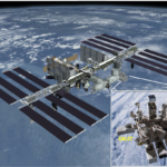 An aerial view of the International Space Station, a linear facility with large solar panels on either end, giving it a barbell-shaped appearance. In an inset, the CALET instrument looks like a complicated amalgamation of boxes and tubes, attached to the station by a robotic arm.