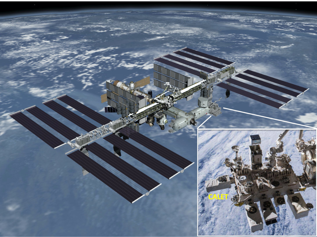 An aerial view of the International Space Station, a linear facility with large solar panels on either end, giving it a barbell-shaped appearance. In an inset, the CALET instrument looks like a complicated amalgamation of boxes and tubes, attached to the station by a robotic arm.