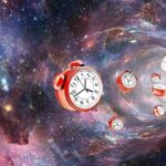 a swirling galaxy image overlaid with classic red alarm clocks with bells in a spiral pattern