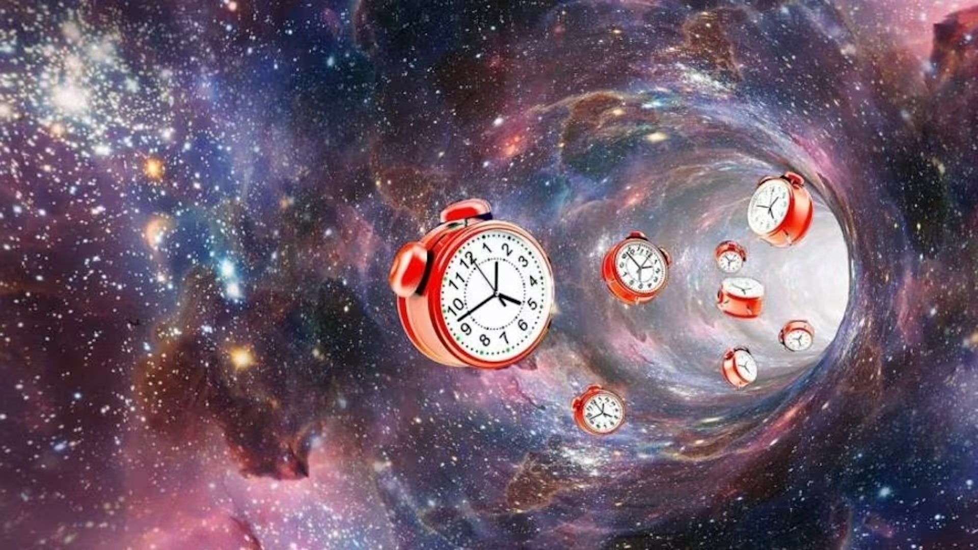 a swirling galaxy image overlaid with classic red alarm clocks with bells in a spiral pattern