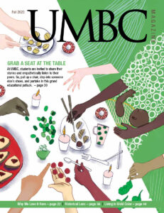 UMBC's Fall 2023 cover, featuring an illustration of  diverse people's hands reaching onto a picnic table of food.