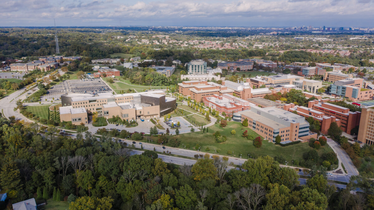 Drone image of UMBC's campus.