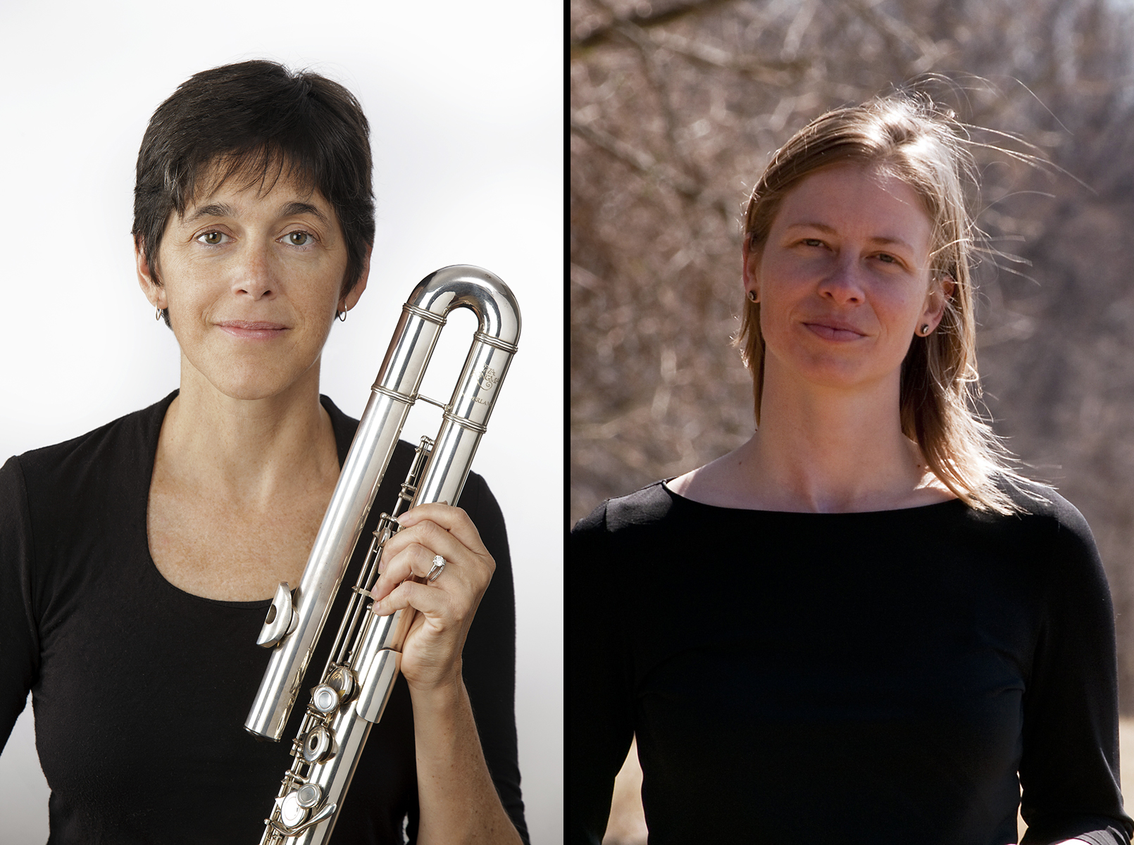 Two women in side-by-side images, the one on the left holding a bass flute