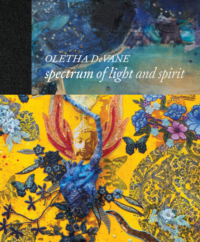 Complex artwork is overlaid with the words Oletha DeVane: Spectrum of Light and Spirit
