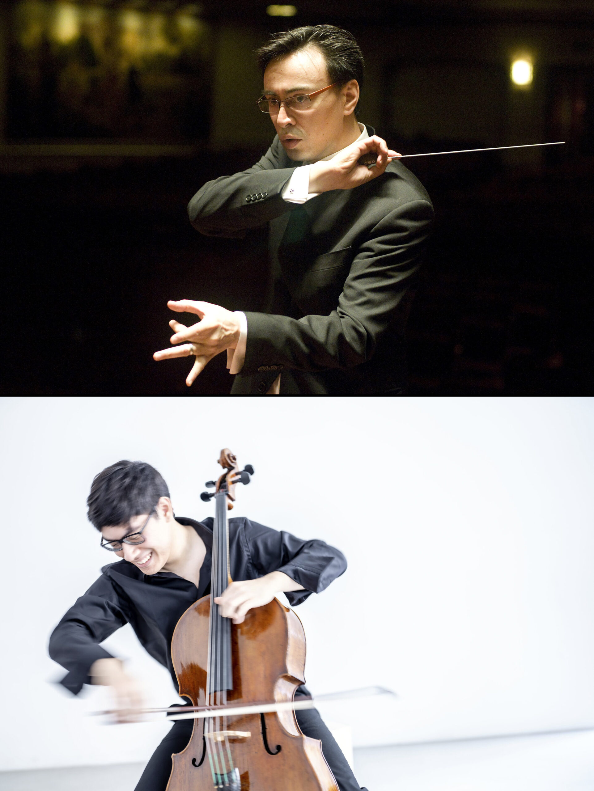 In two images, top and bottom, a man against a dark background wields a baton, and against a white background a man with glasses plays a cello