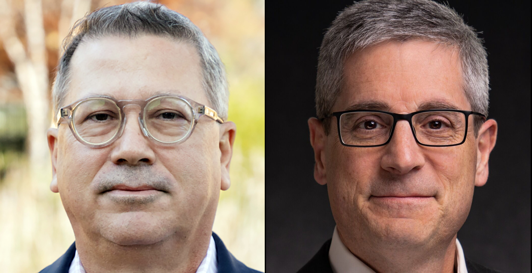 Side by side photos of two men, both of whom have short hair and glasses
