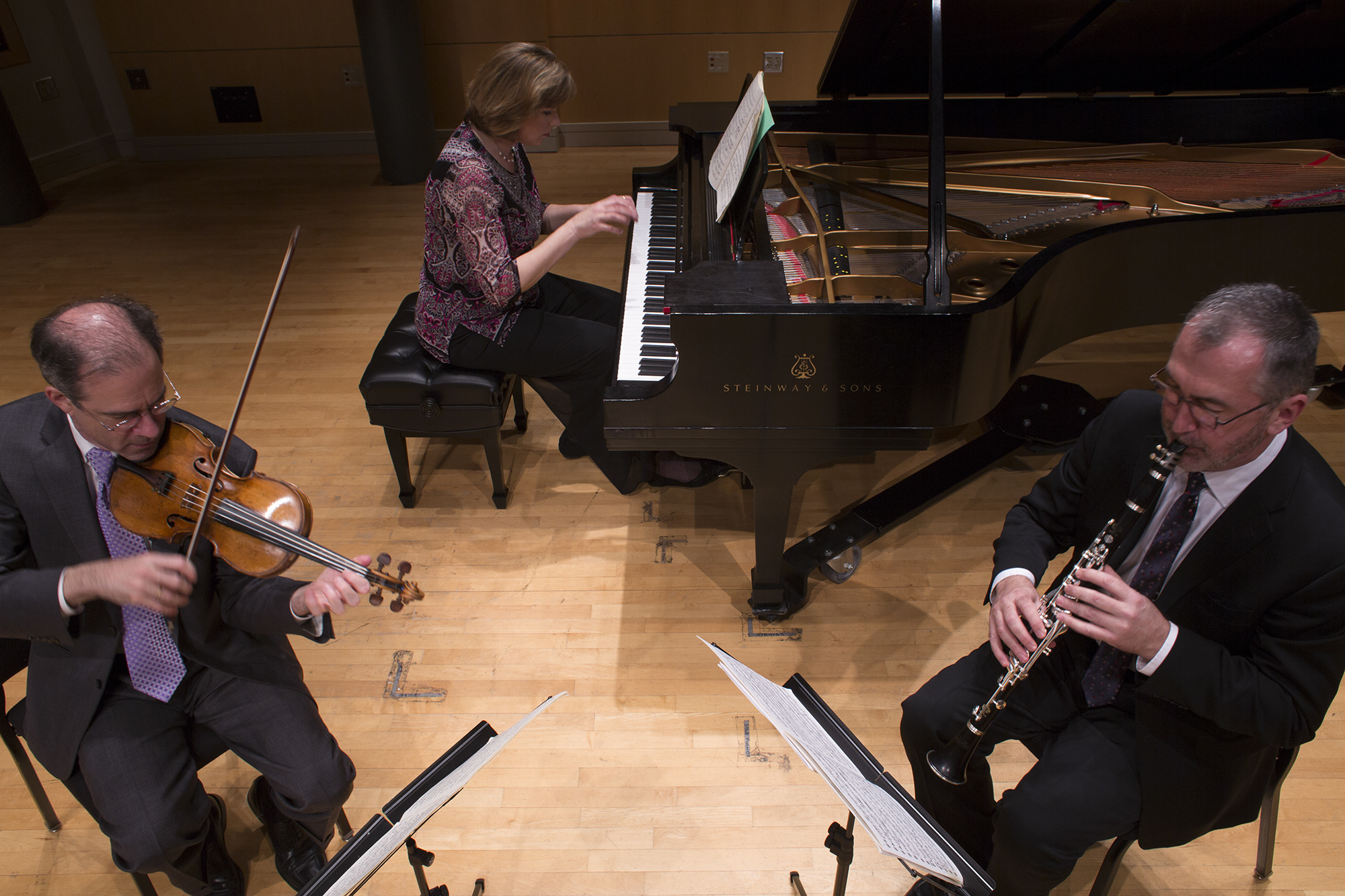 Musicians perform on violin, clarinet, and piano