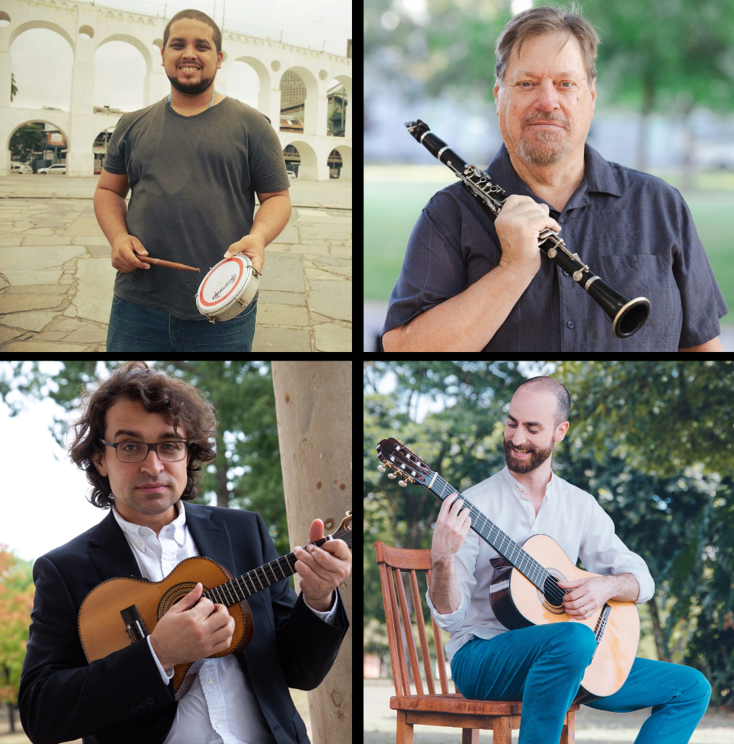 In four photos arranged in a square, four musicians pose with their instruments