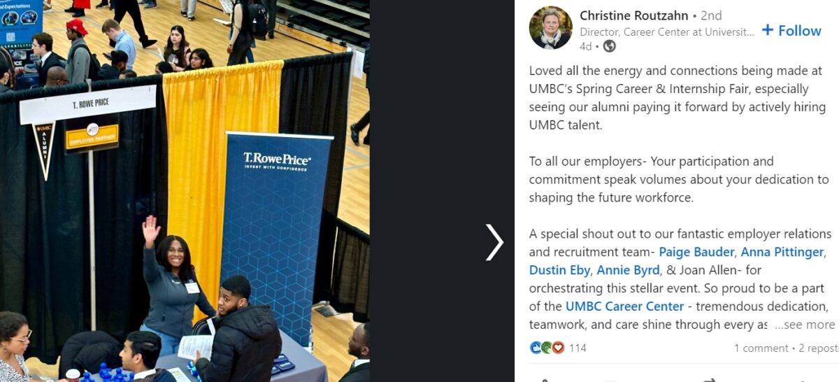 A LinkedIn post of college students at a career fair