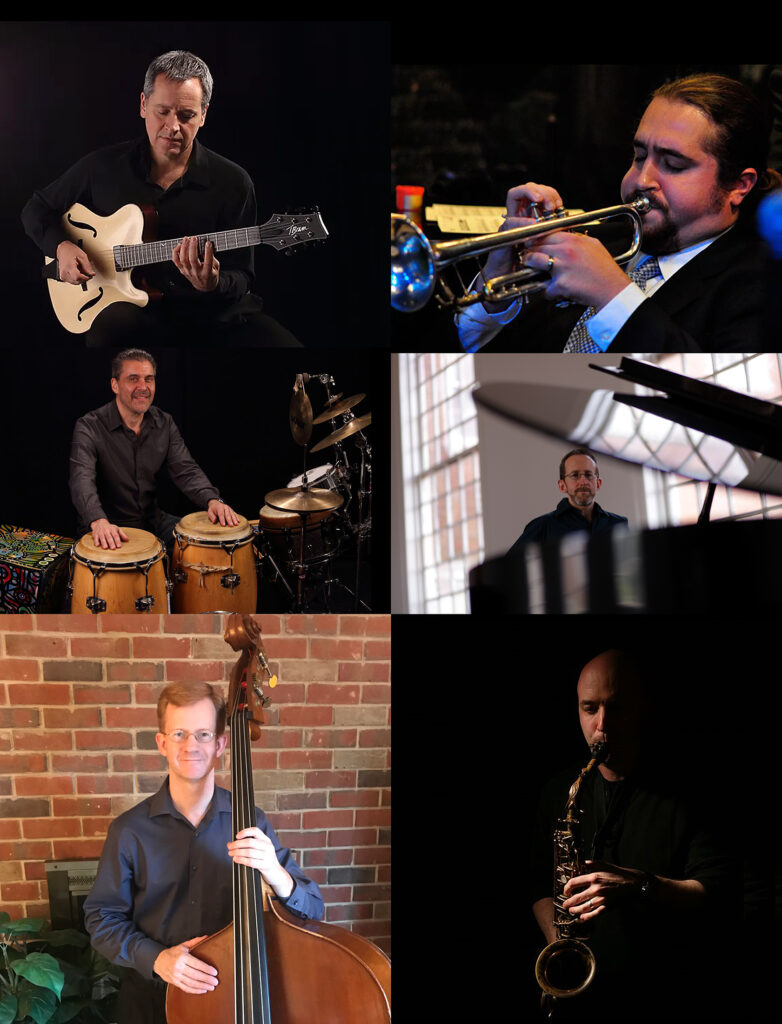 In a collage of six images, musicians pose with their instruments