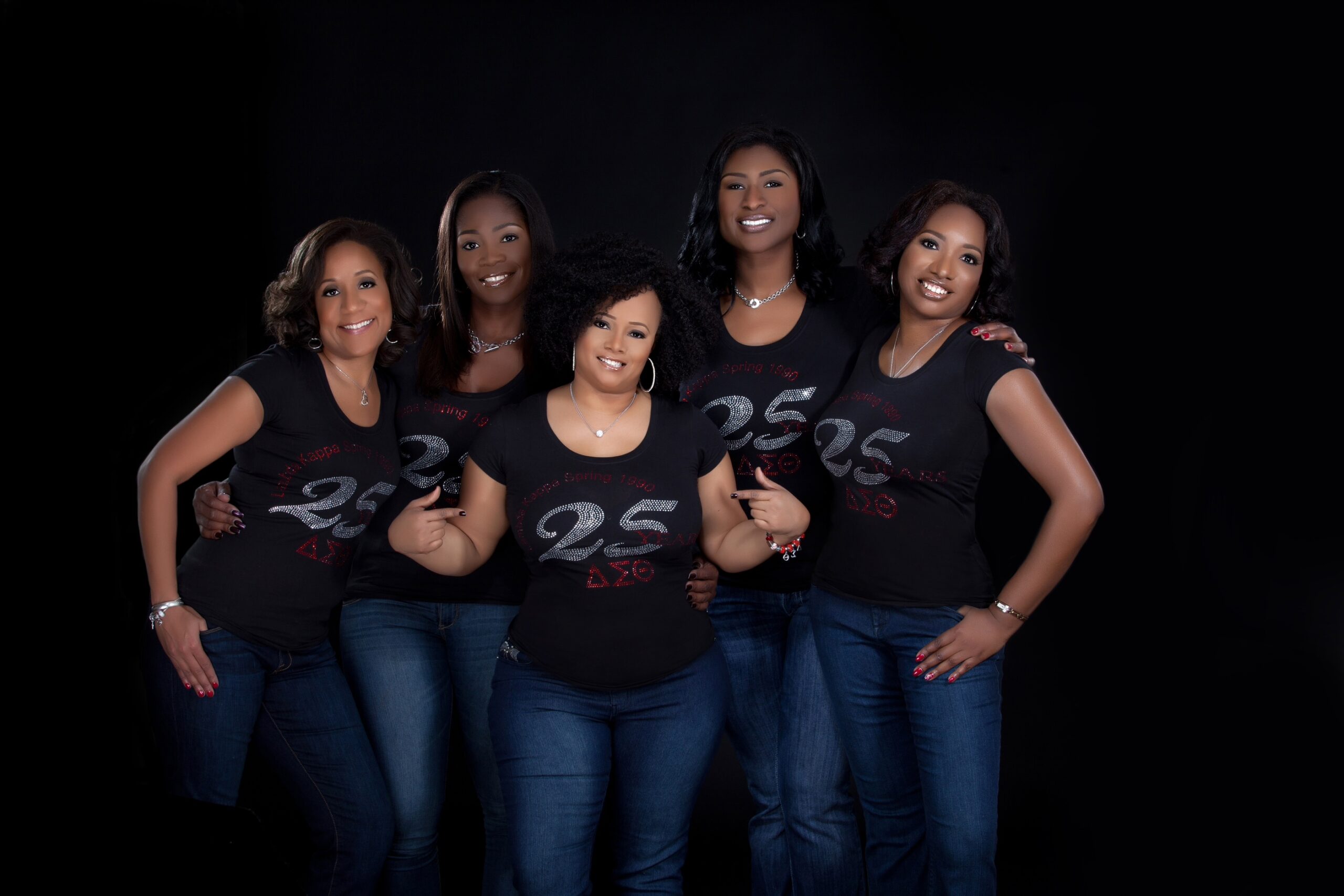 Tracie Cox, Nichole Richmond, Sue Wellington, Anne Wellington Goldsmith, and Monique Cephas celebrating their 25th anniversary of becoming a member of the Lambda Kappa Chapter of Delta Sigma Theta Sorority, Inc.