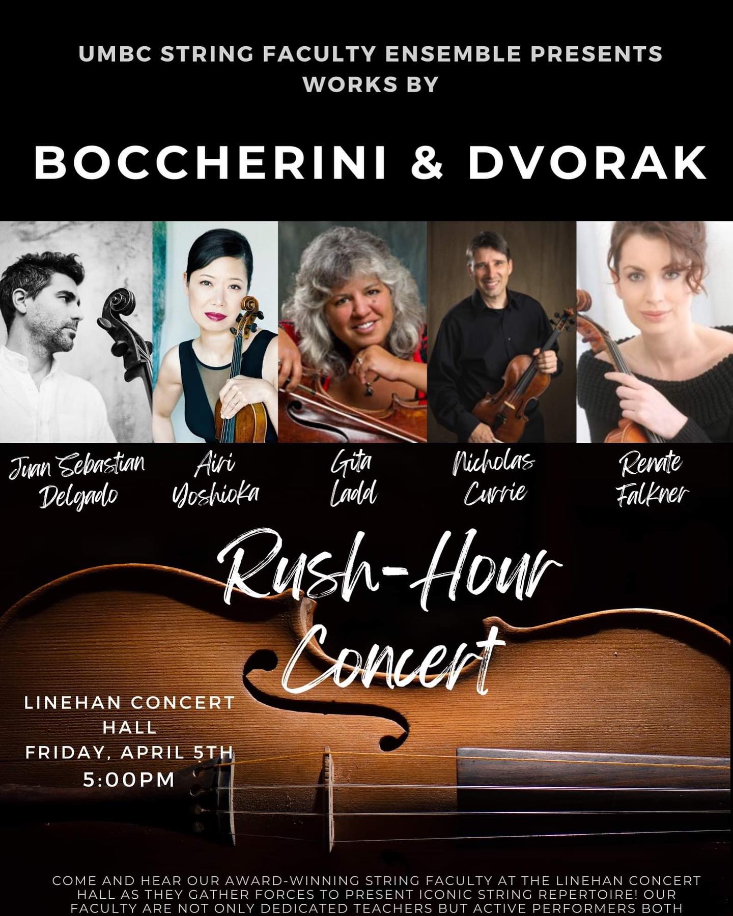 A poster says Boccherini & Dvorak and show images of musicians with instruments