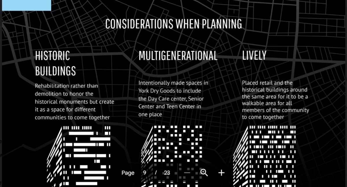 A black and white PowerPoint with skyscrapers and a description a city redevelopment plan