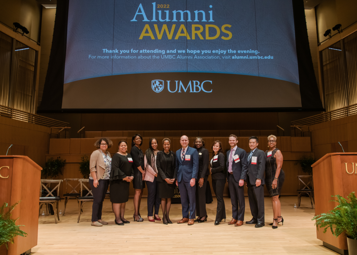 Alumni Awards 2022 group photo. Alumni Awards committee members with UMBC President Valerie Sheares Ashby and Alumni Association President Brian Frazee ’11, M.P.P. ’12.