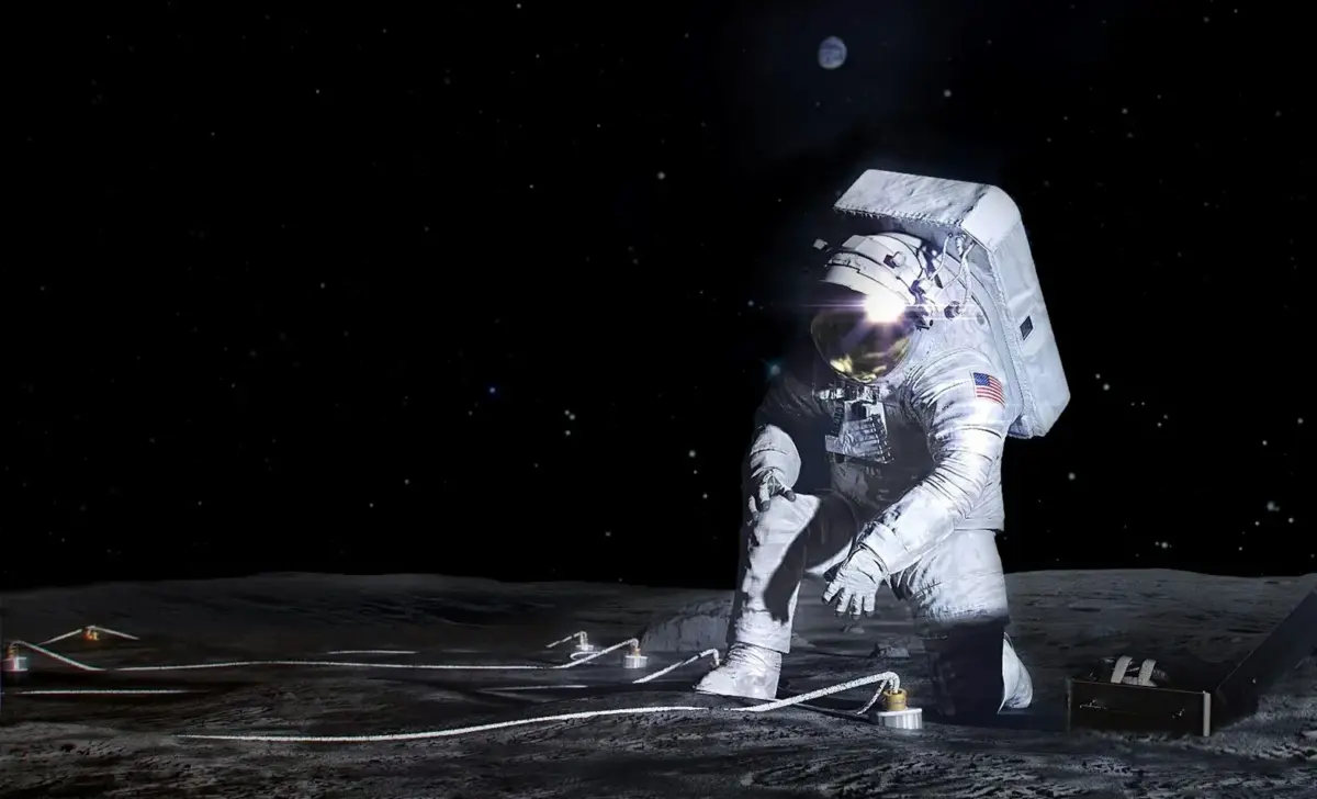An artist concept drawing of an astronaut landing on the moon during the artemis moon mission.