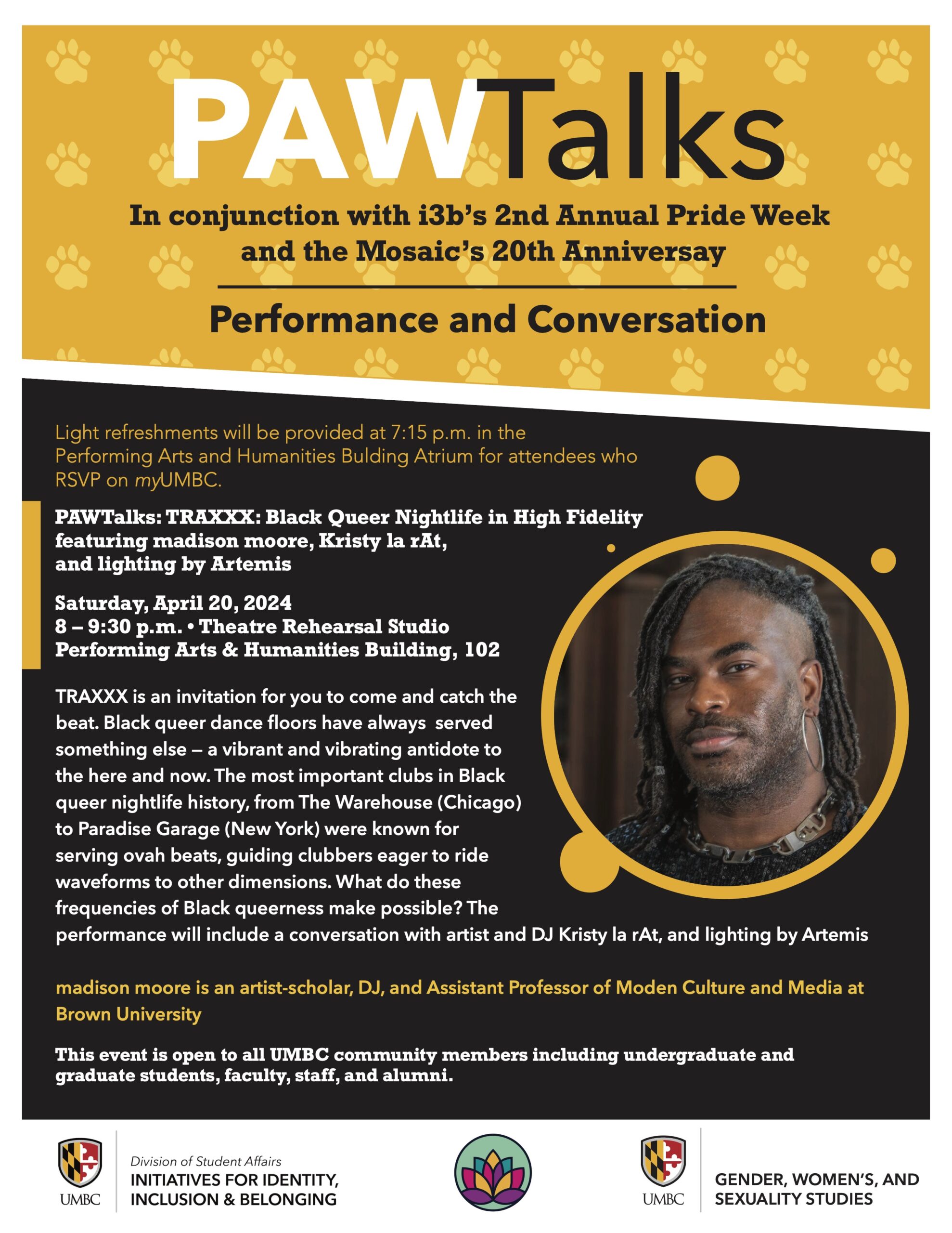 A poster says PAW Talks and a significant amount of information about the event