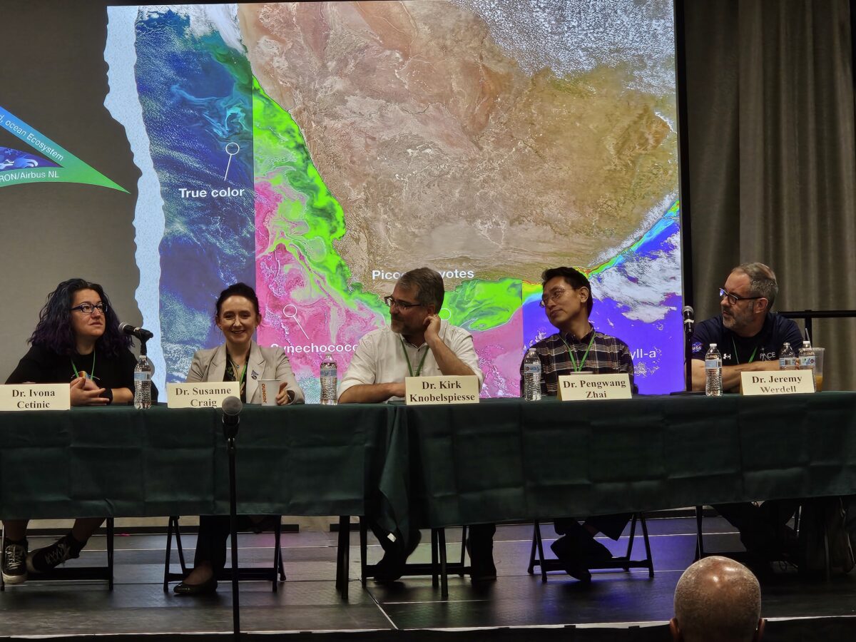 five people sit at a table with microphones in front of them; a large screen behind them shows a satellite image of the Arabian Peninsula and surrounding ocean with different colors representing different plankton communities in the ocean.