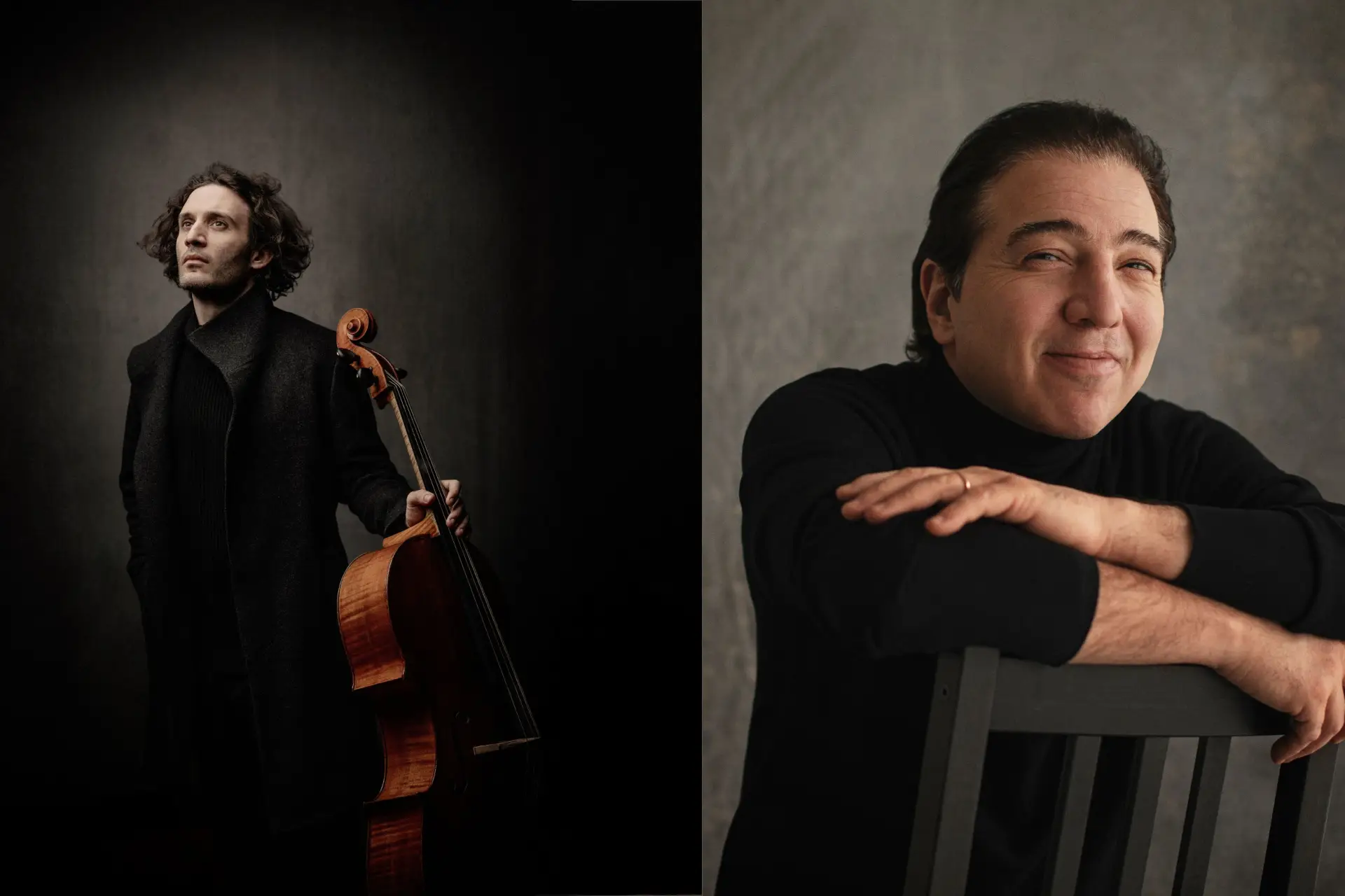 Two men pose in side-by-side images. On the left, a man stands with a cello; on the right, a man smiles at the camera while perched on a chair.