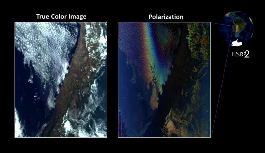 The first images from PACE’s HARP2 polarimeter captured data on clouds over the west coast of South America on March 11, 2024. The view of polarized light that the polarimeter “sees” (on the right) can help scientists better understand the droplets that make up the cloudbow—a rainbow produced by sunlight reflected from cloud droplets instead of rain droplets—which can reveal how the clouds respond to pollution and other particles in the atmosphere. Photo Credit: UMBC