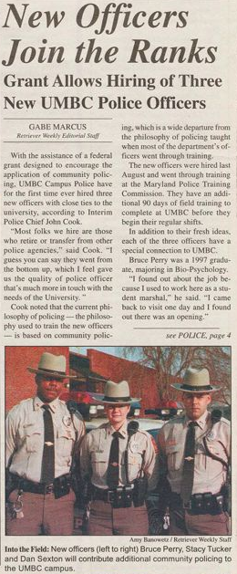 The Retriever Weekly (Volume 33, Number 16) annoucning the hiring of three new UMBC Police officers, including Bruce Perry Jr.