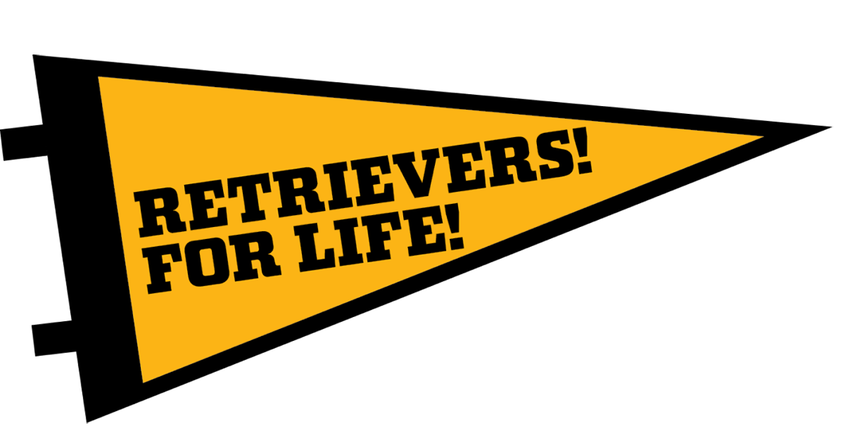 Gold flag graphic reading "retrievers for life"