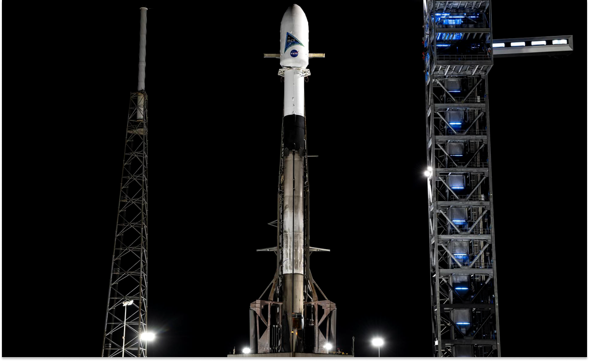 PACE atop SpaceX's Falcon 9 rocket in the raised to launch position. Photo credit: NASA