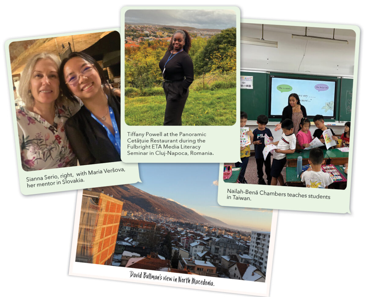 A collage of images showing students traveling with mentors and teaching with children