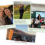 A collage of images showing students traveling with mentors and teaching with children