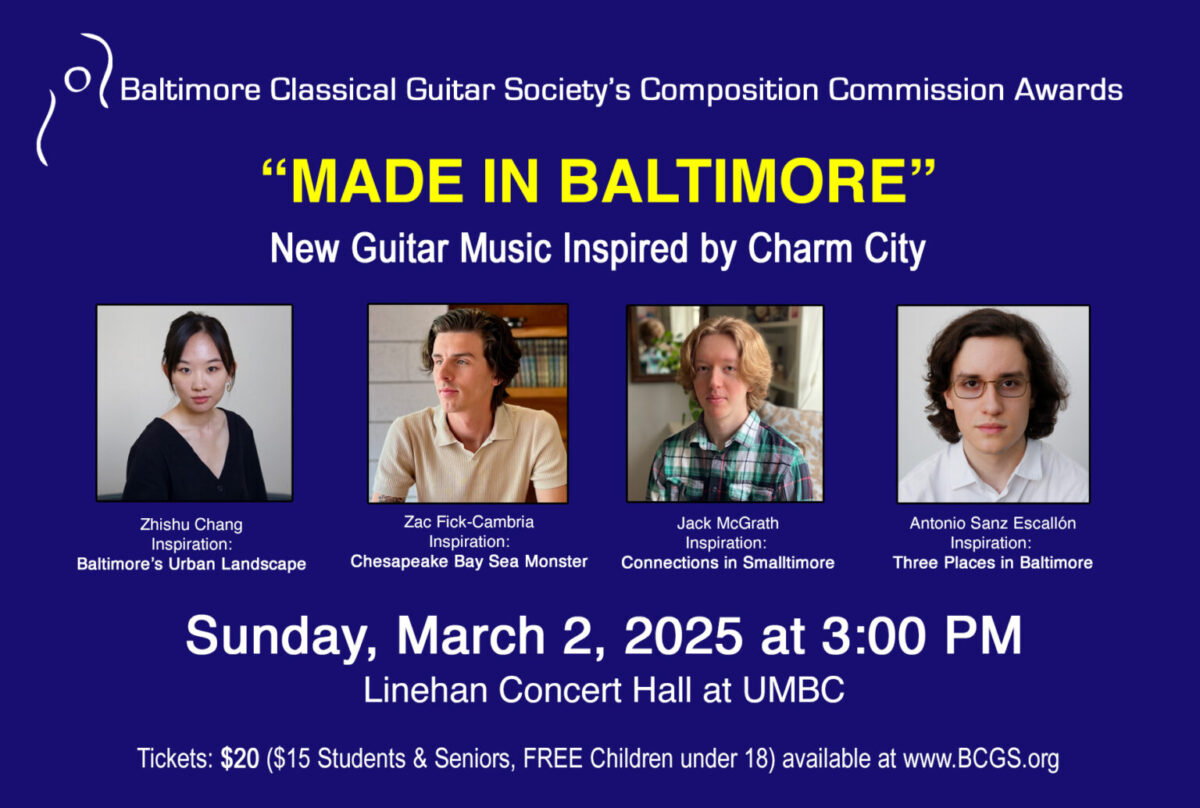 A poster design says Made in Baltimore and shows the faces of four composers.