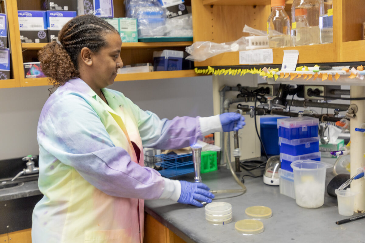 scientist in tie-dye lab coat working at a lab bench