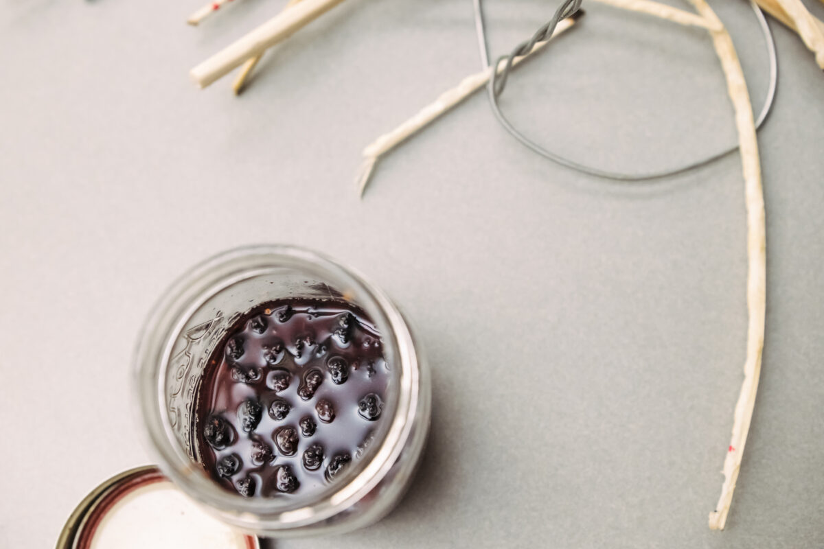 a jar of fermented purple berries on a table, the inner pith of rushes lie next to it