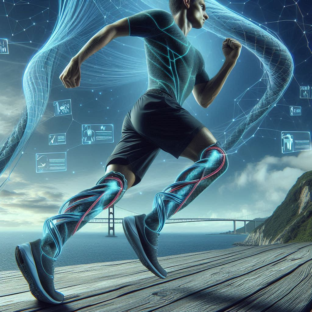 Computer-generate picture showing man running. Ropes woven into the fabric of long socks seem to pulse with energy.