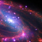 A hazy image of a spiral galaxy known as NGC 3627. Here, the galaxy appears pitched at an oblique angle, tilted from our upper left down to our lower right. Much of its face is angled toward us, making its spiral arms, composed of red and purple dots, easily identifiable. Several bright white dots ringed with neon purple speckle the galaxy. At the galaxy’s core, where the spiral arms converge, a large white and purple glow identified by Chandra provides evidence of a supermassive black hole.